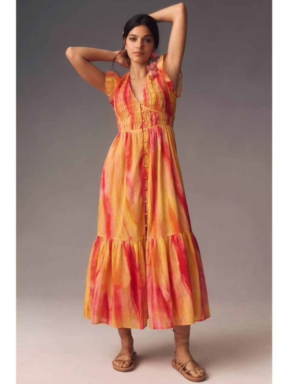 Anthropologie The Peregrine Midi Dress / Size XS / Pink Combo Smocked